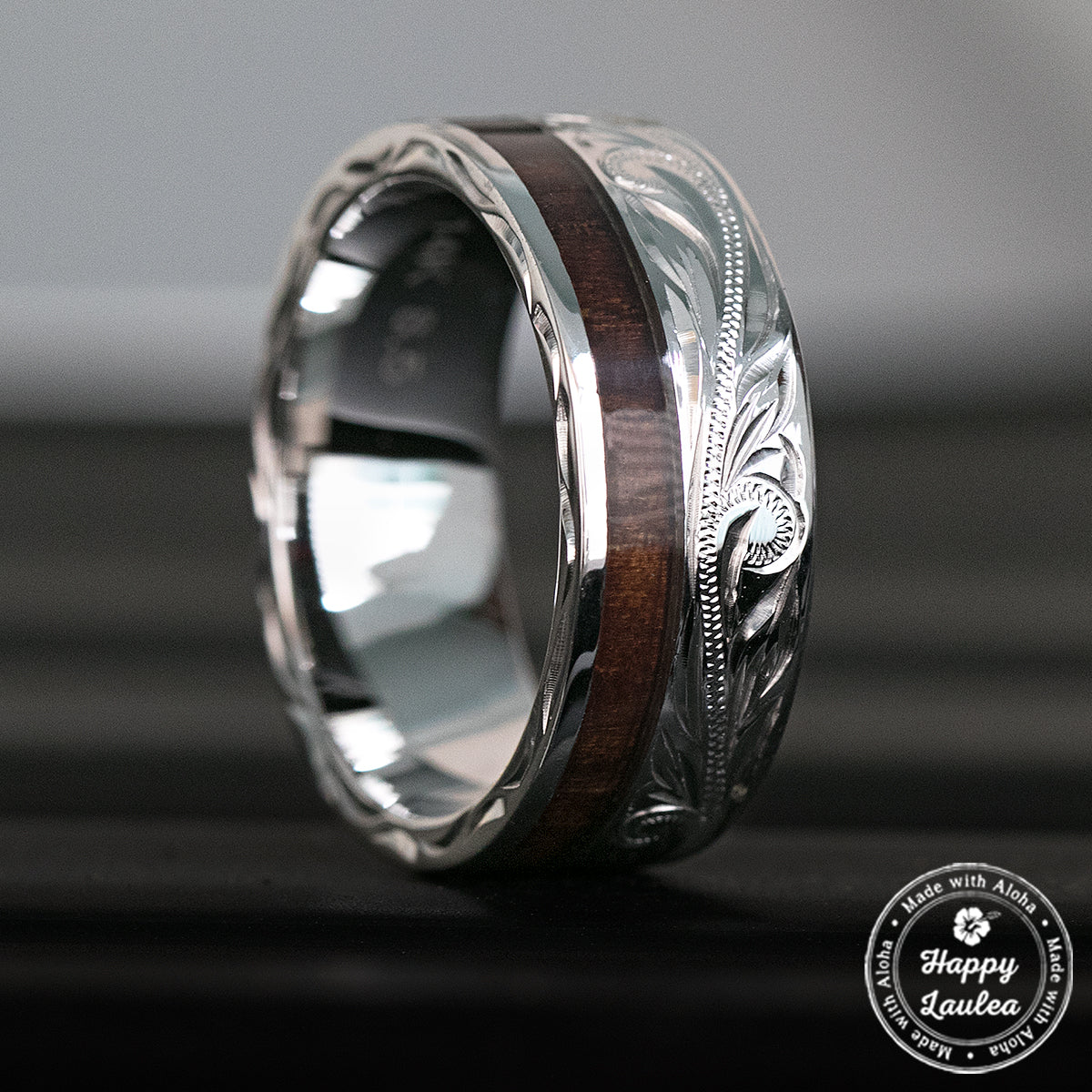 14K White Gold Hawaiian Jewelry Ring with Offset Koa Wood Inlay - 8mm, Flat Shape, Standard Fitment