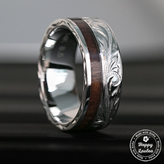 14K White Gold Hawaiian Jewelry Ring with Offset Koa Wood Inlay - 8mm, Flat Shape, Standard Fitment