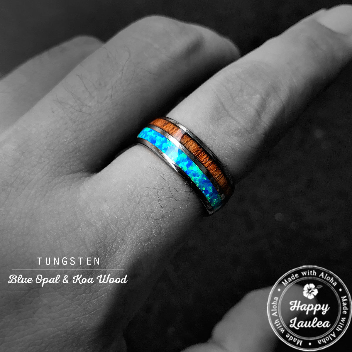 Tungsten Carbide Ring with Blue Opal & Koa Wood Duo Inlay, 6-8mm, Dome Shape, Comfort Fitment