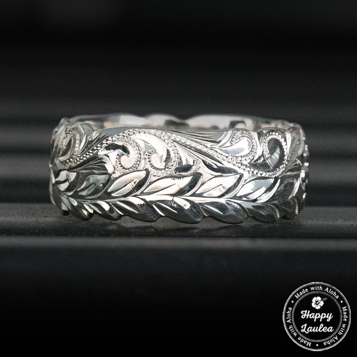 Sterling Silver Hawaiian Jewelry Ring Hand Engraved Maile Leaf & Scroll Design  - 8mm, Dome Shape, Standard Fitment
