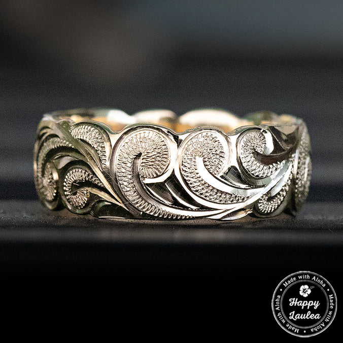 Solid Gold Hawaiian Jewelry Ring [8mm width] Hand Engraved Scroll Wave Pattern - Barrel Shape