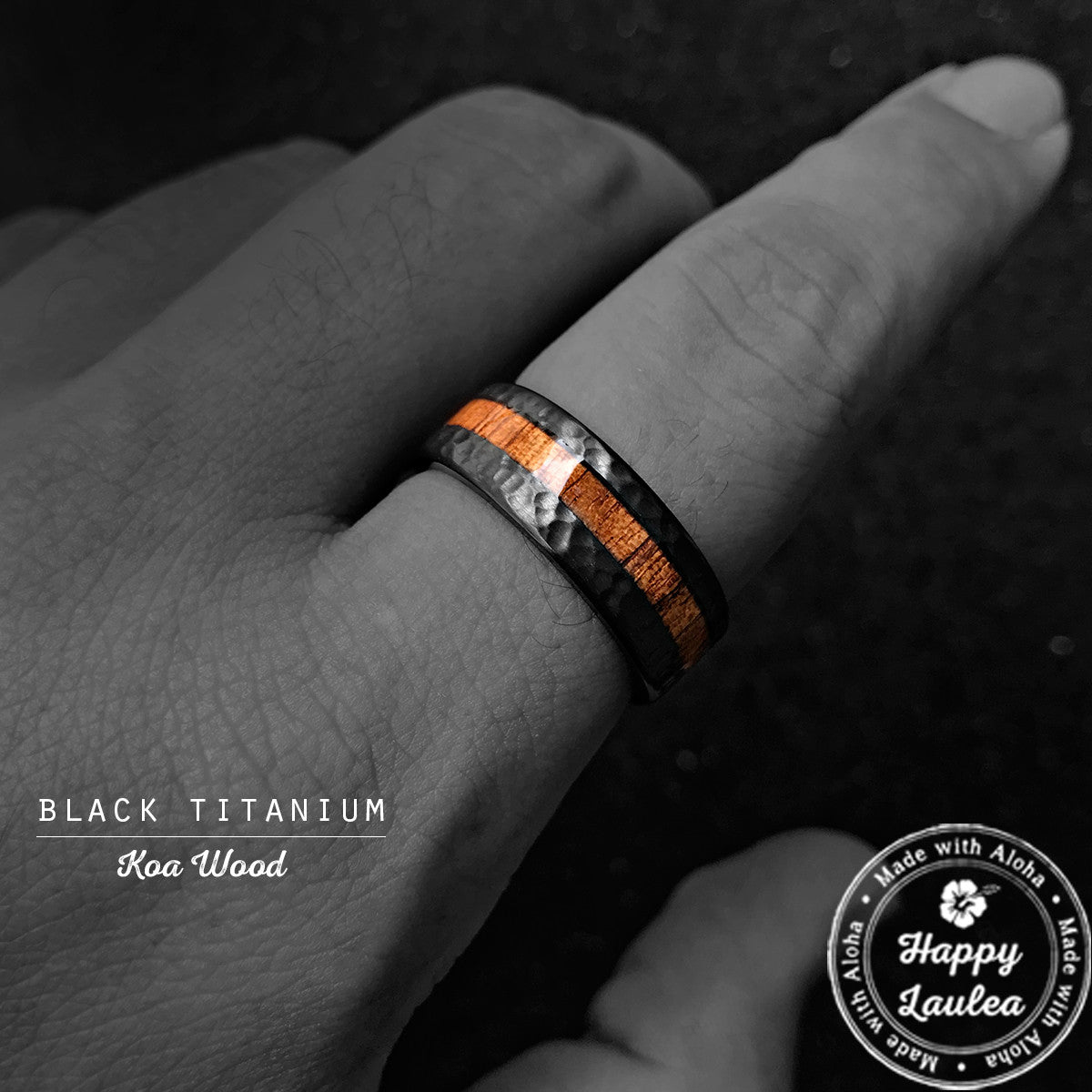 Black Zirconium Hammered Ring with Offset Koa Wood Inlay - 8mm, Flat Shape, Comfort Fitment