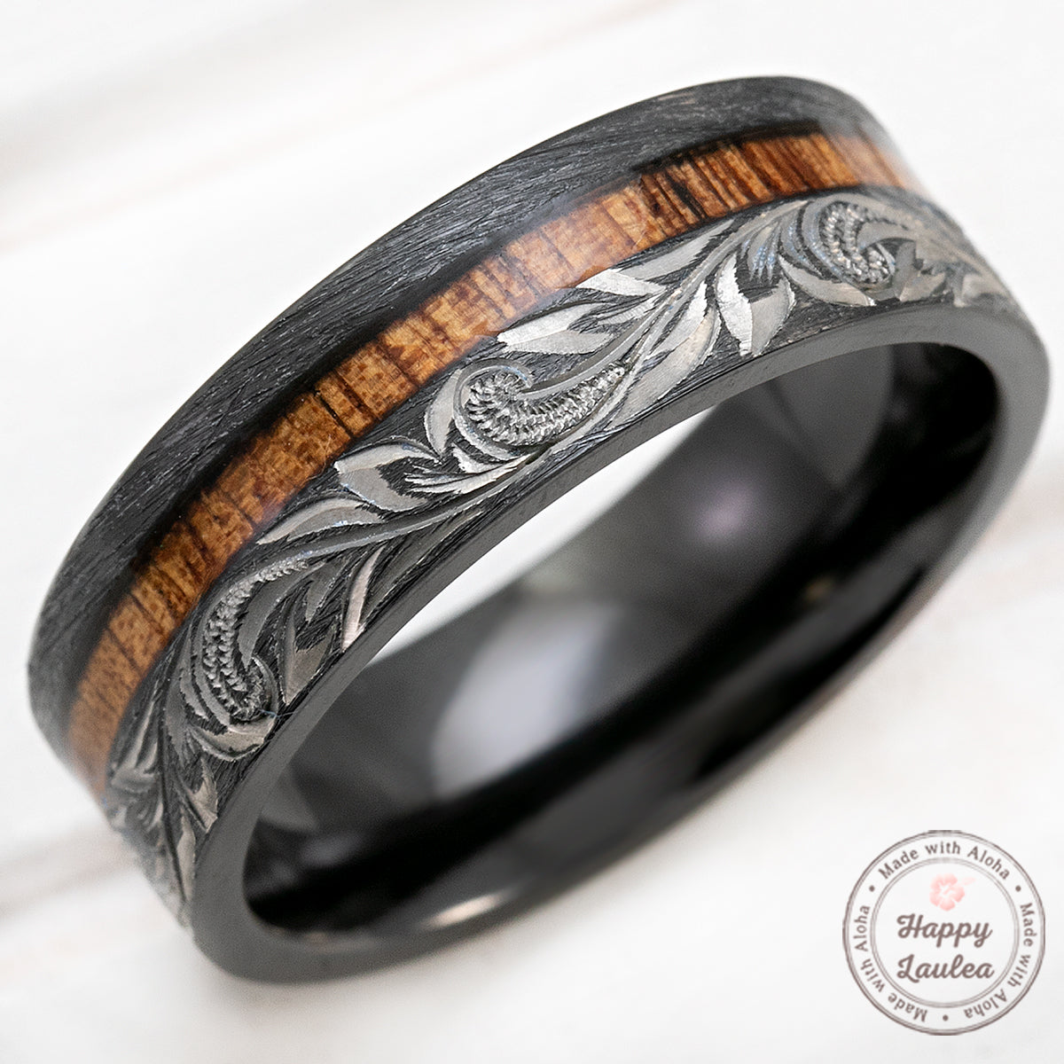 Black Zirconium Hand Engraved Ring [8mm width] Offset Koa Wood Inlay - Flat Shape, Comfort Fitment