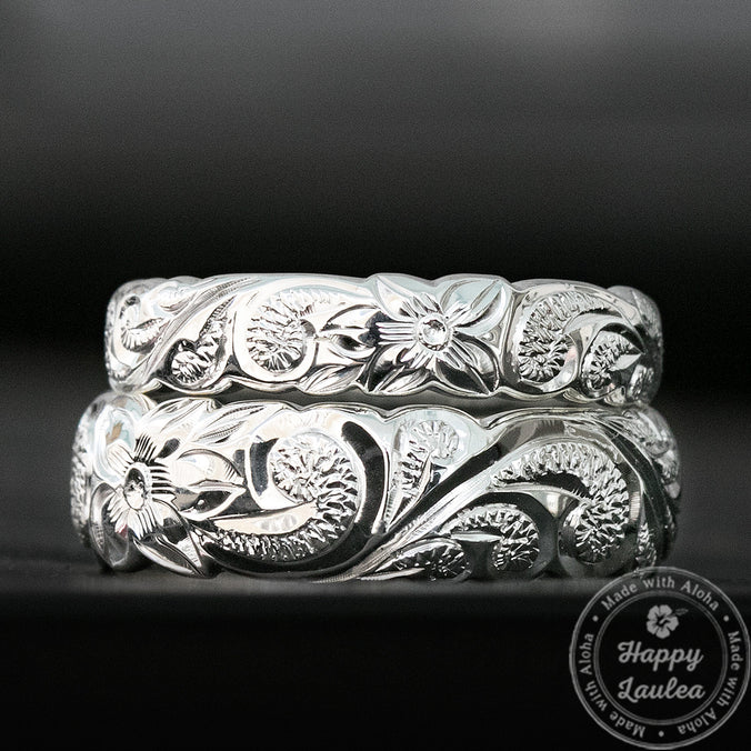 Pair of 925 Sterling Silver Hawaiian Jewelry Ring Set [4&6mm] Scroll Design - Dome Shape Standard Fitment