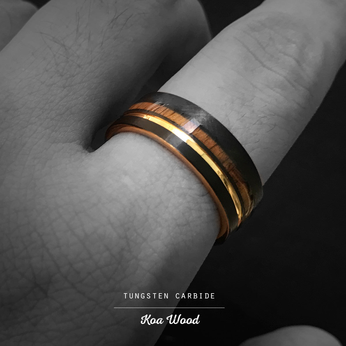 Tungsten Carbide Black & Gold Ion Plated Ring [8mm width] Hawaiian Koa Wood Inlay - Flat Shape, Comfort Fitment