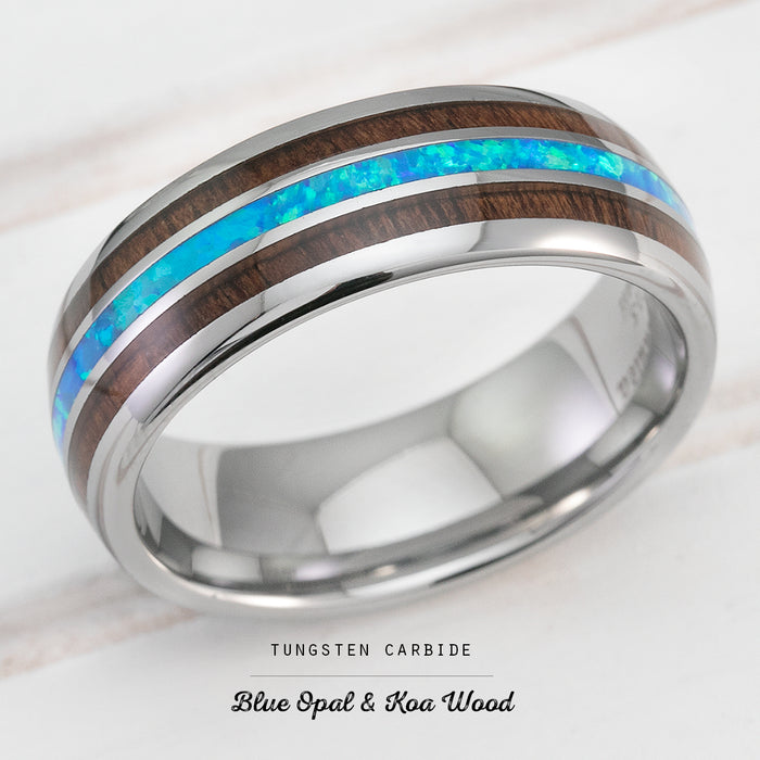 Tungsten Carbide Tri-Inlay Ring [8mm width] Blue Opal & Hawaiian Koa Wood - Barrel Shape, Comfort Fitment