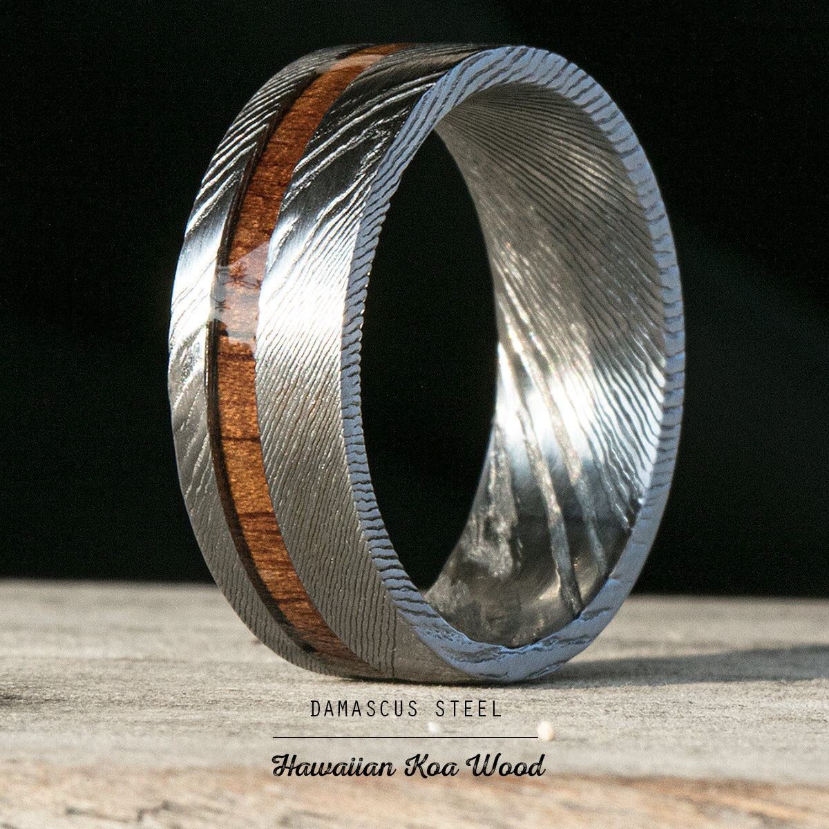 Damascus Steel Ring with Hawaiian Koa Wood Offset Inlay - 8mm, Flat Shape, Comfort Fitment