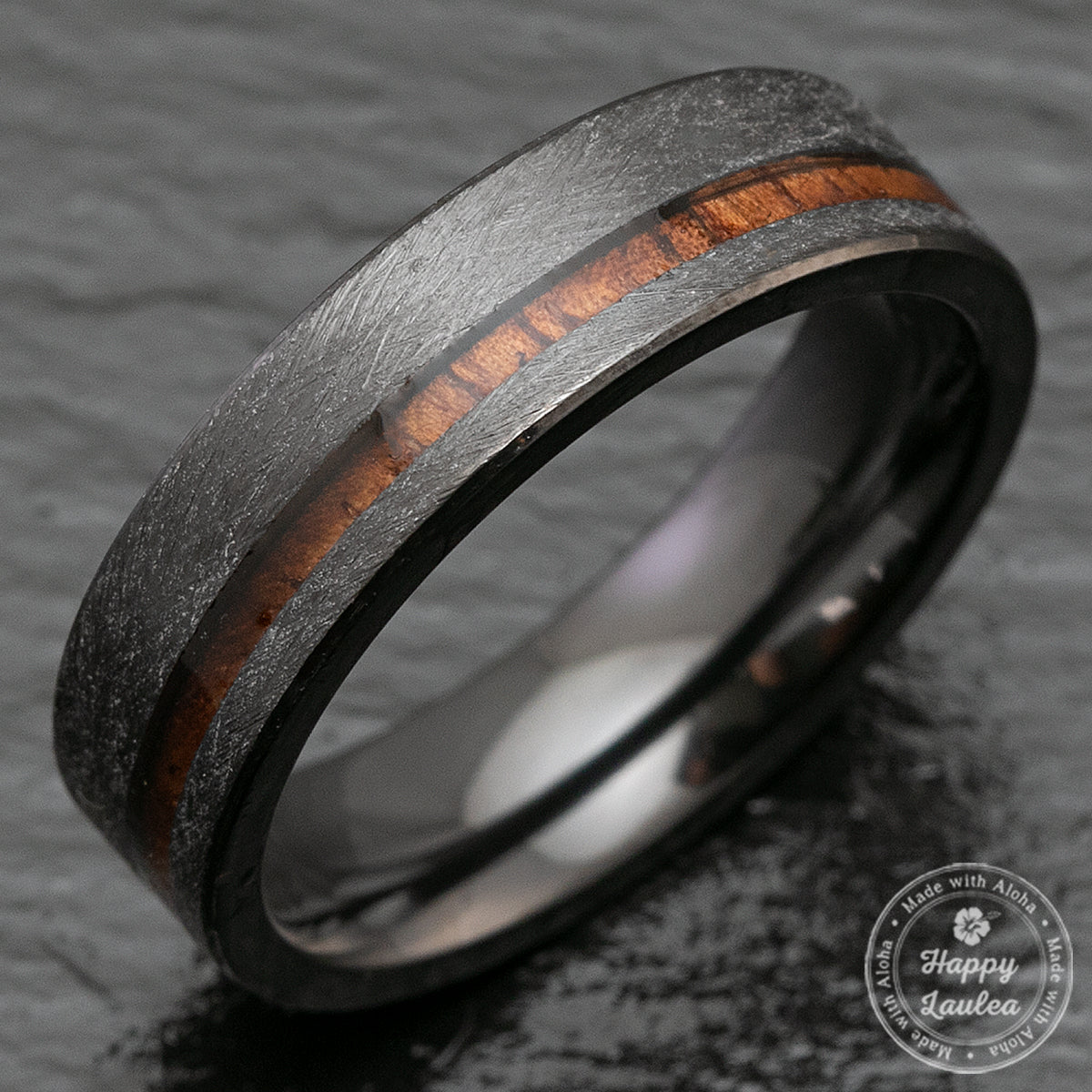 Black Zirconium Ring with Hawaiian Koa Wood Offset Inlay - 6mm, Flat Shape, Comfort Fitment