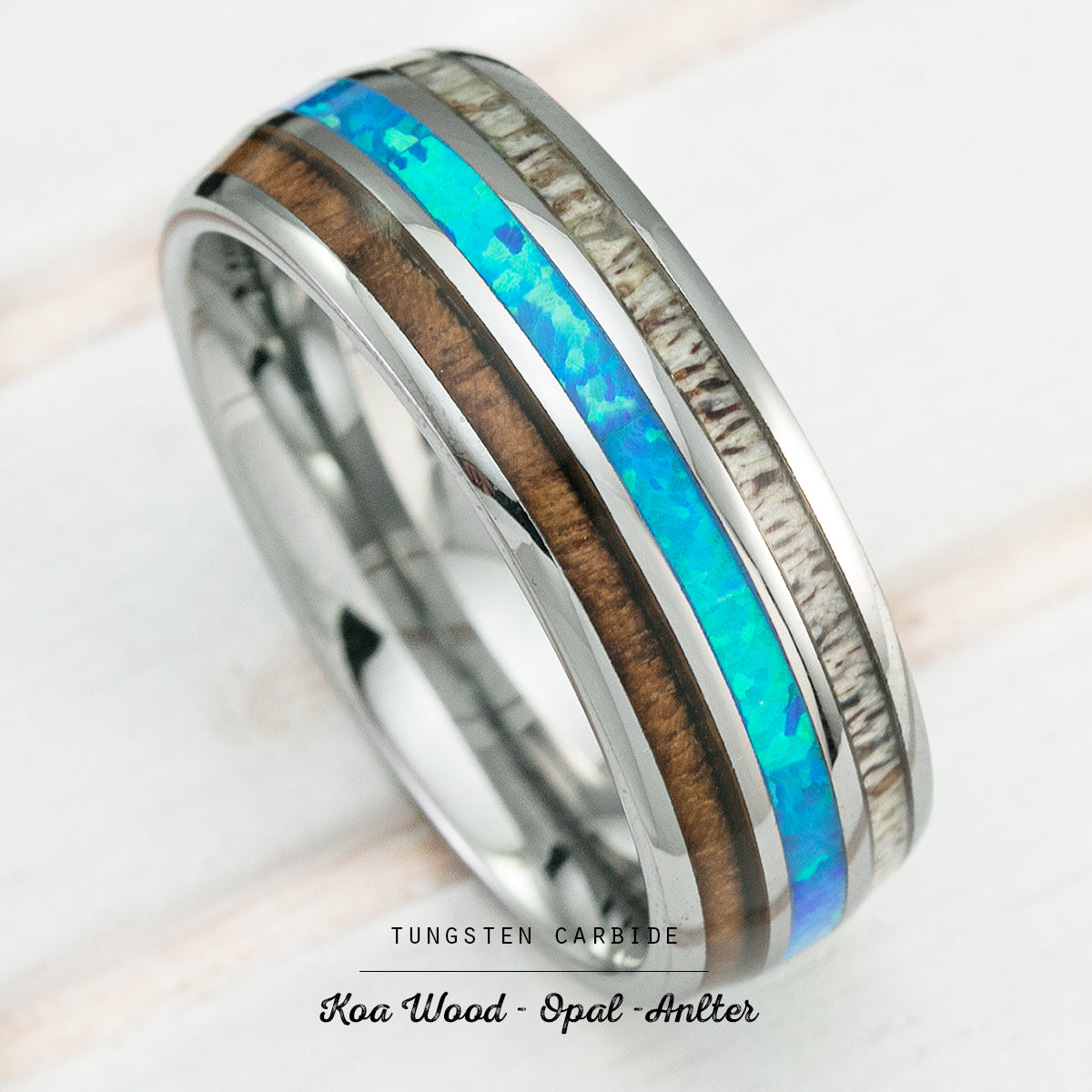 Tungsten Carbide Ring with Koa Wood, Blue Opal & Antler Tri Inlay - 8mm, Dome Shape, Comfort Fitment