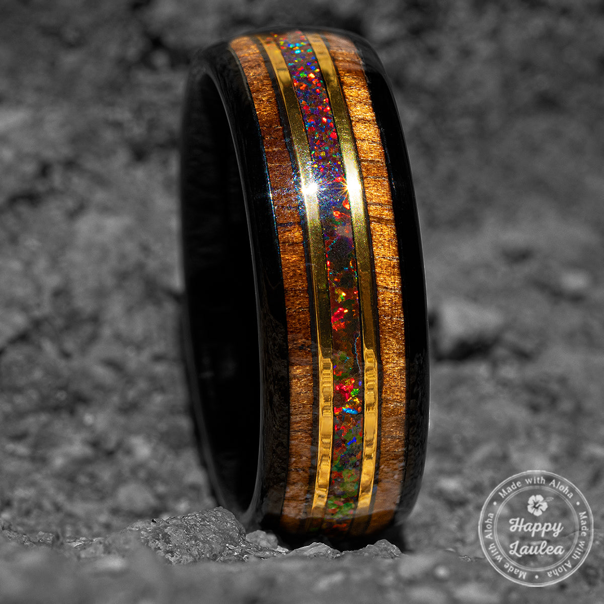 Black Tungsten 8mm Mid-Gold Strip Ring / Rasta Fire Opal & Hawaiian Koa Wood Tri-Inlay / Dome Shape & Comfort Fitment