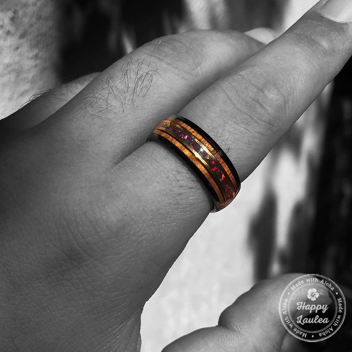 Black Tungsten 8mm Mid-Gold Strip Ring / Rasta Fire Opal & Hawaiian Koa Wood Tri-Inlay / Dome Shape & Comfort Fitment