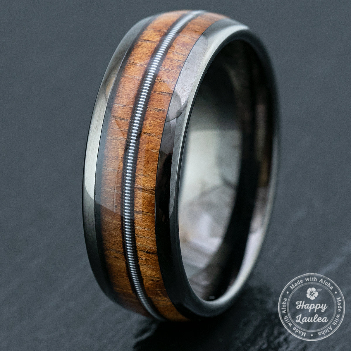 Gun Grey Tungsten Carbide Ring / Mid Guitar Sting & Hawaiian Koa Wood Inlay / 8mm width / Dome Shape-Comfort Fitment