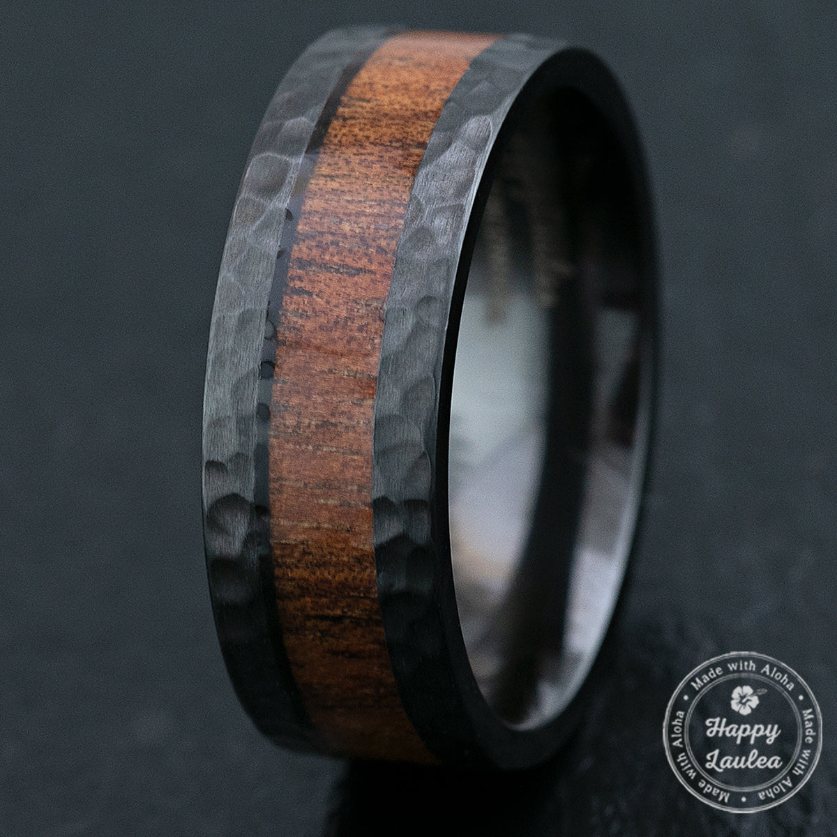 Black Zirconium Hammered Ring & Hawaiian Koa Wood Inlay / 8mm width / Flat Shape, Comfort Fitment