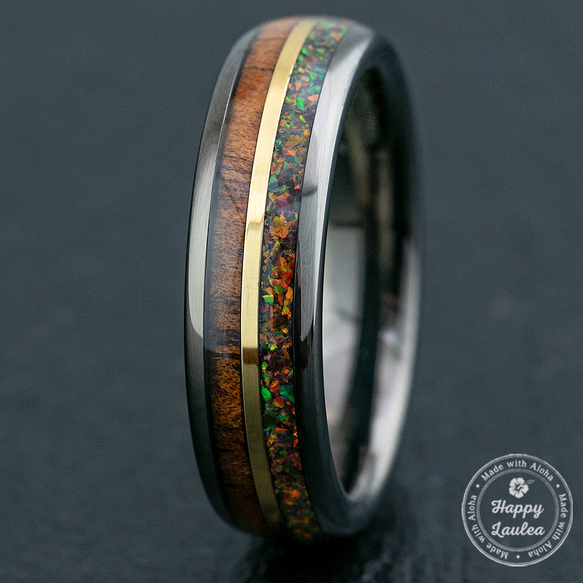 Gun Grey Mid-Gold Strip Tungsten Carbide Ring / Hawaiian Koa Wood & Fire Opal / 6mm width / Dome Shape ,  Comfort Fitment