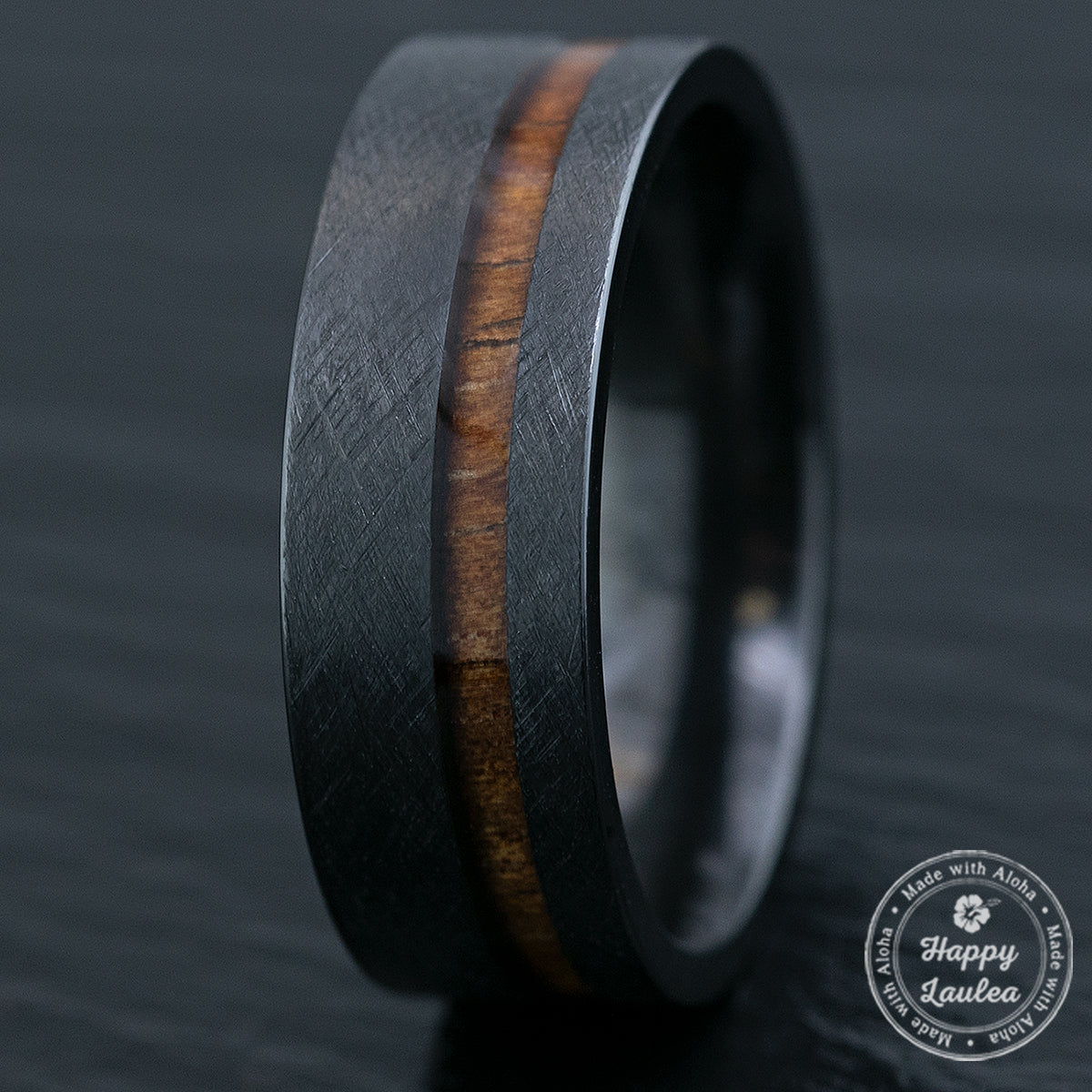 Black Zirconium Brushed Finished Ring with Offset Koa Wood Inlay, 8mm, Comfort Fitment, Flat Shape