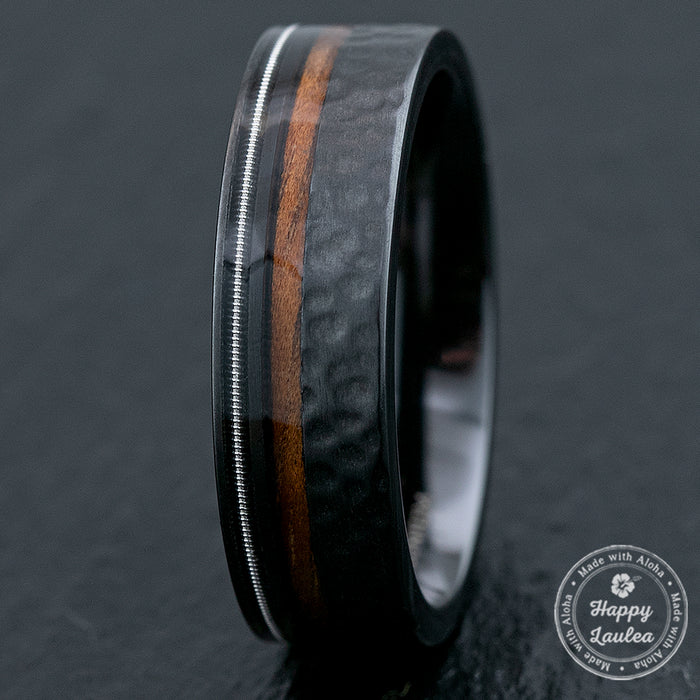 Black Zirconium Ring with Hawaiian Koa Wood & Guitar String / 7mm Width / Flat Shape , Comfort Fitment
