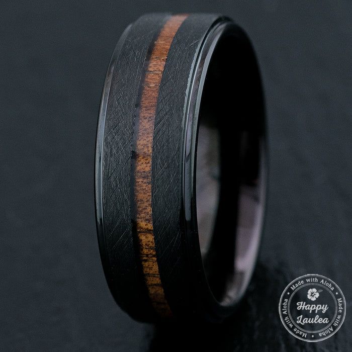 Black Tungsten Carbide Cross Brush Finish Ring with Hawaiian Koa Wood Inlay - 8mm, Flat Shape, Comfort Fitment