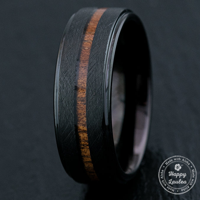 Black Tungsten Carbide Cross Brush Finish Ring with Hawaiian Koa Wood Inlay - 8mm, Flat Shape, Comfort Fitment