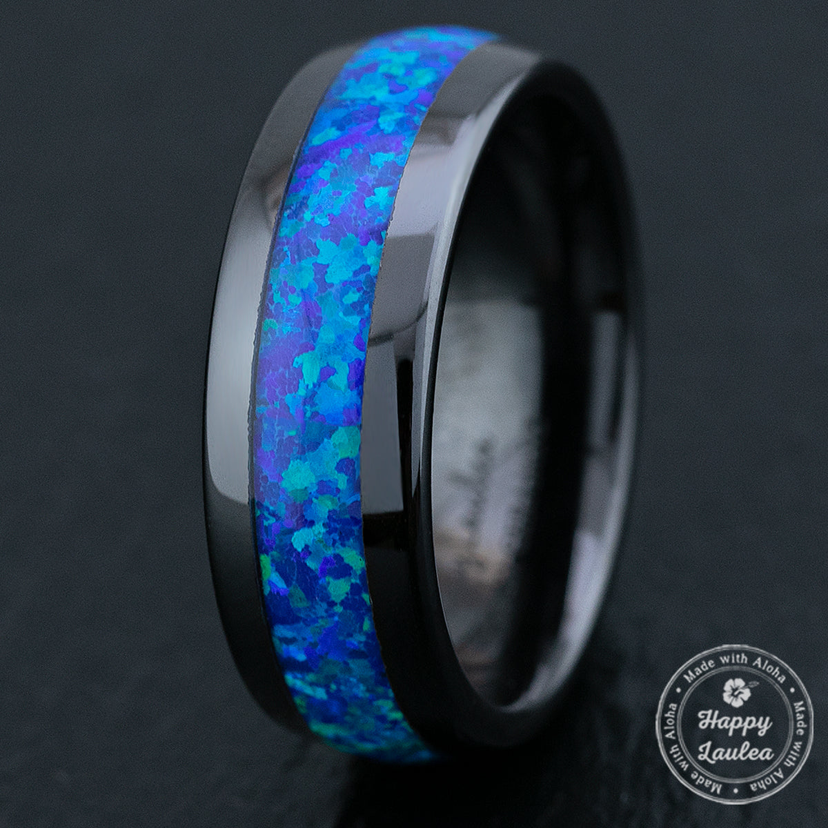 Black Hi-Tech Ceramic Ring with Blue Opal Inlay - 8mm, Dome Shape, Comfort Fitment