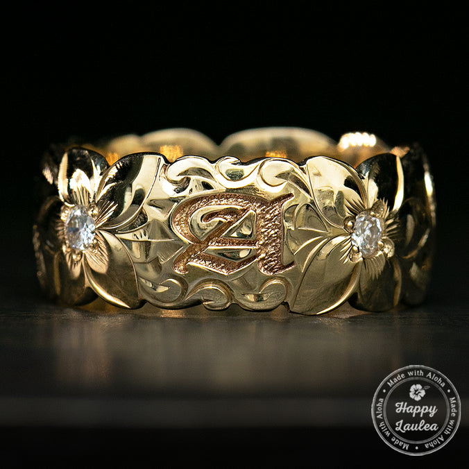 Solid Gold Personalized Initial Hawaiian Jewelry Ring with Diamonds / 8mm / Dome Shape