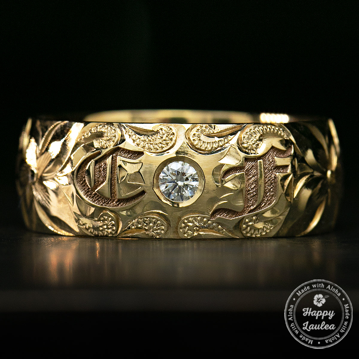 Two Initial 14K Gold Hawaiian Jewelry Diamond Ring / 8mm width / Dome Shape