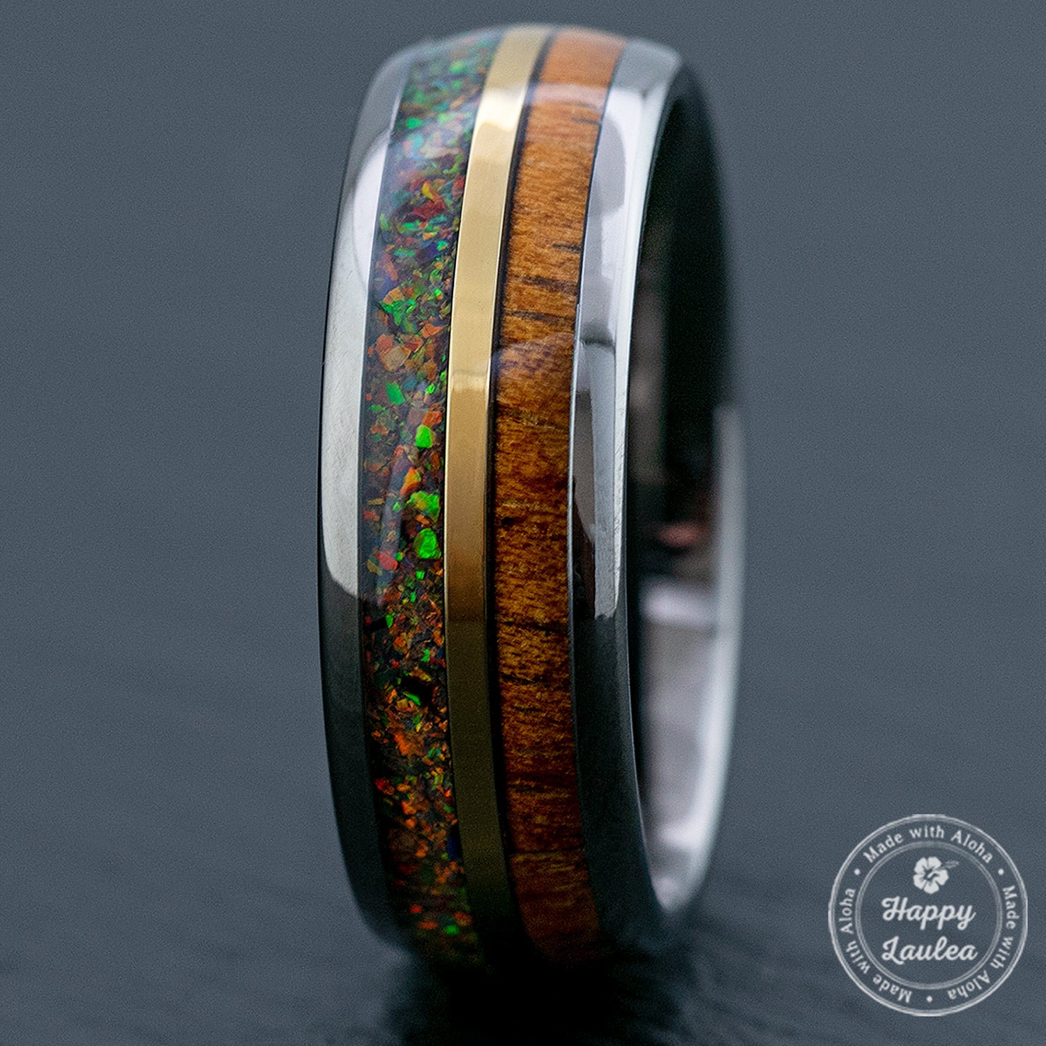 Gun Grey Mid-Gold Strip Tungsten Carbide Ring / Hawaiian Koa Wood & Fire Opal / 8mm width / Dome Shape , Comfort Fitment