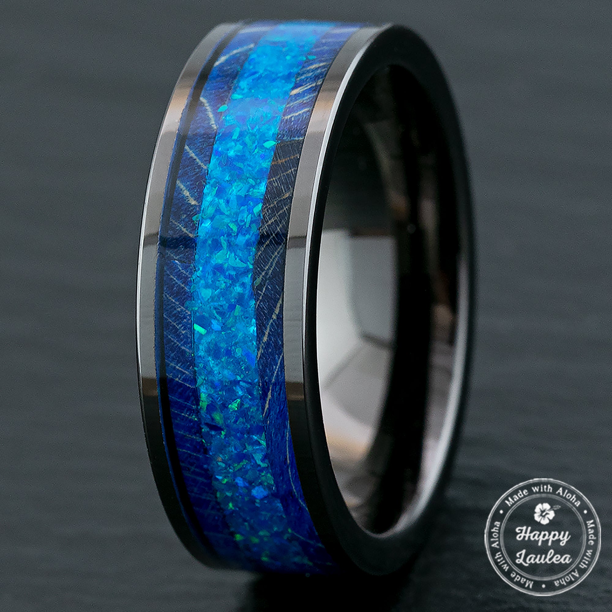 Gun Grey Tungsten Carbide Ring / Azure Blue Opal & Blue Box Elder Wood / 8mm width / Flat Style, Comfort Fitment