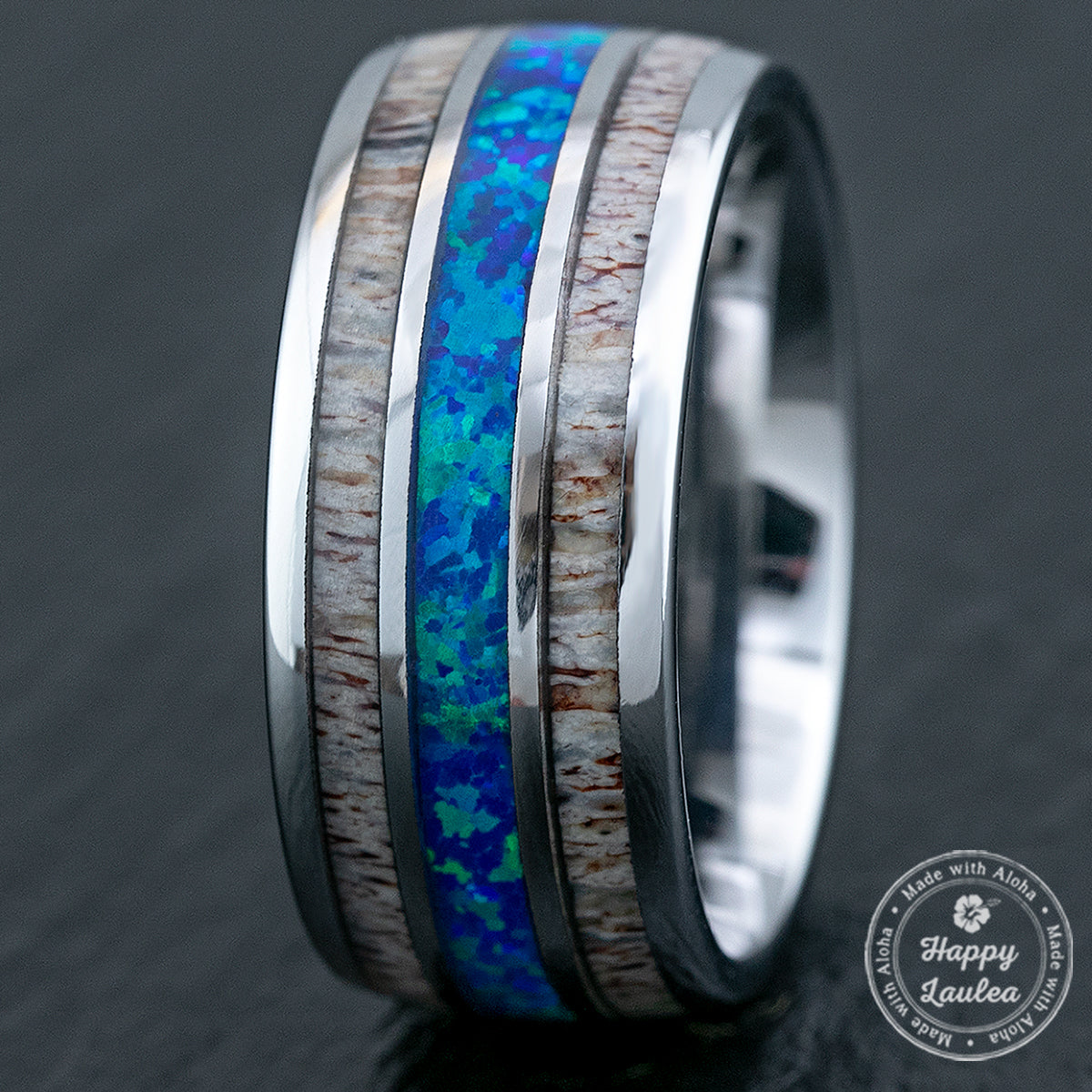 Tungsten Carbide Ring with Antler & Blue Opal Inlay - 10mm, Dome Shape, Comfort Fitment