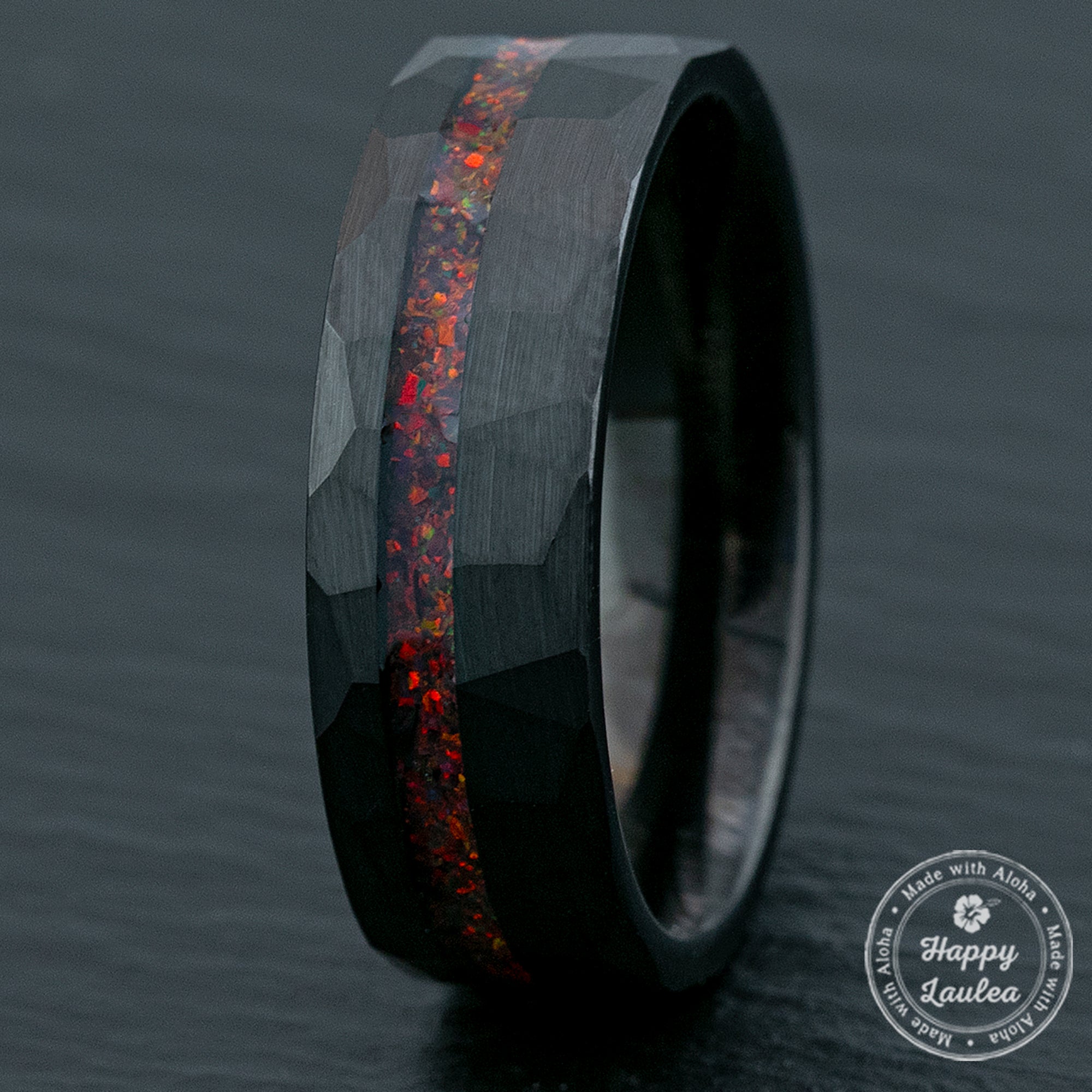 Black Tungsten Hammered Ring / Offset Fire Opal Inlay / 8mm Width / Flat Shape , Comfort Fitment