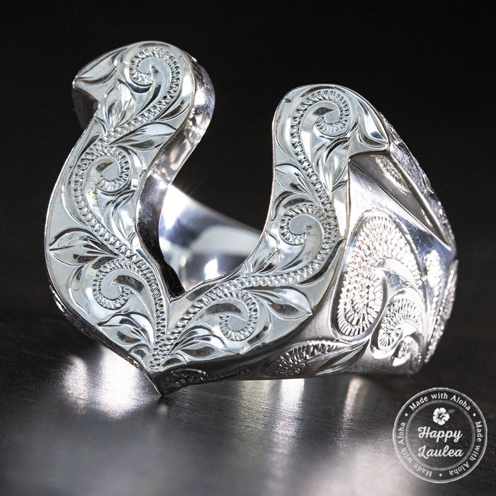Sterling Silver Masculine Horse Shoe Ring Hand Engraved with Hawaiian Scroll Design