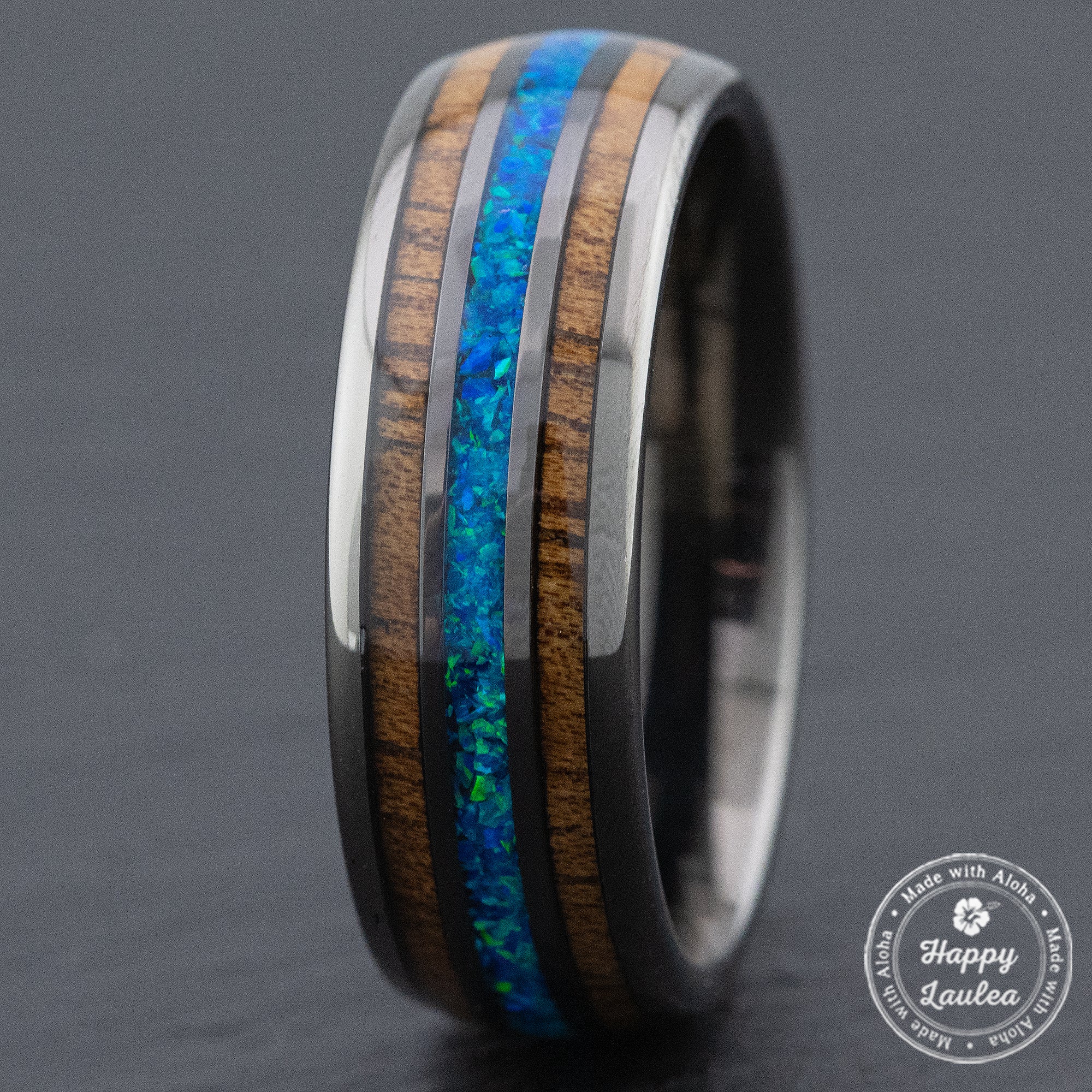 Gun Grey Tungsten Carbide Ring [8mm width] Azure Blue Opal & Hawaiian Koa Wood Tri-Inlay
