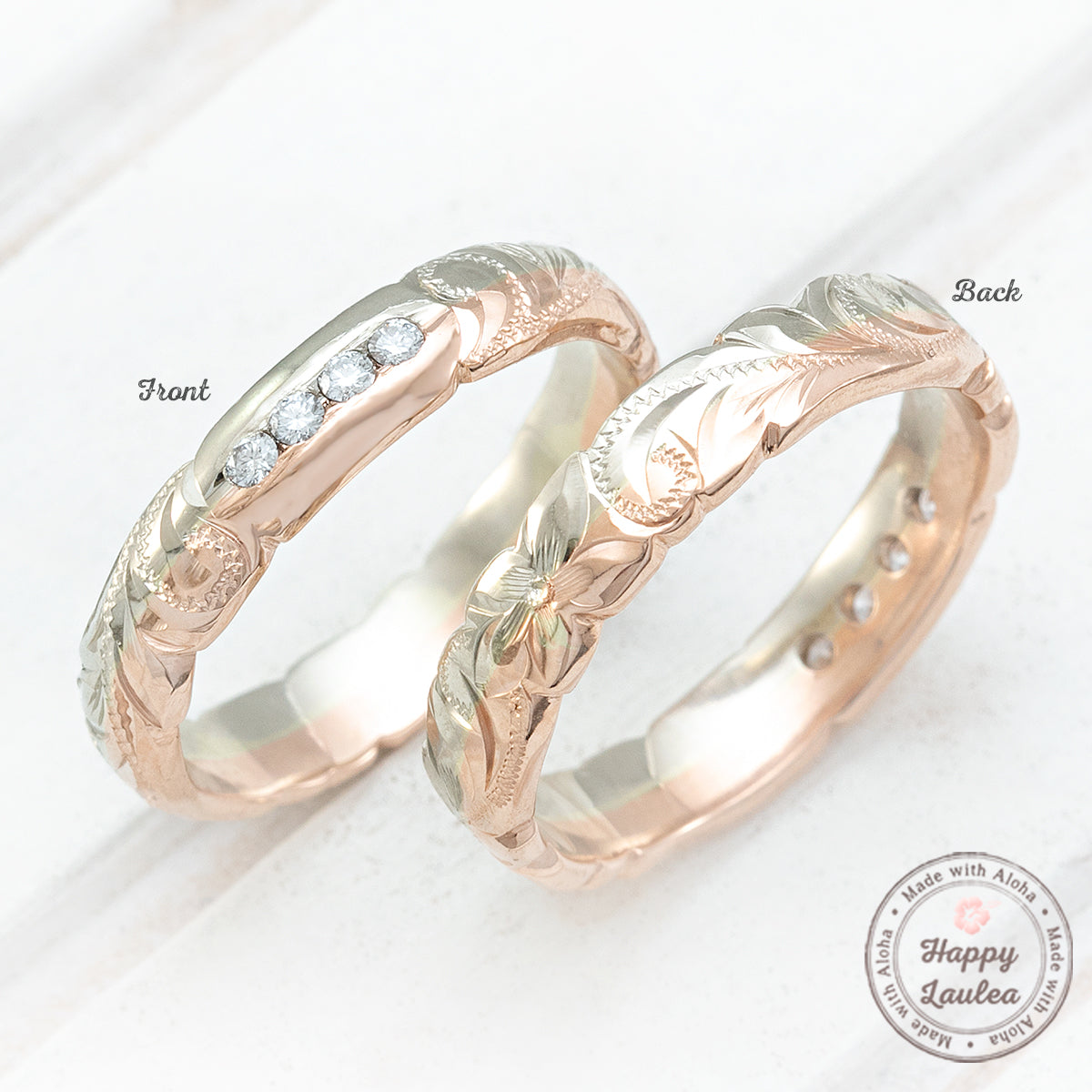 14K Gold Hawaiian Jewelry Duo-Color with Channel Set Diamond Ring [4mm width] Barrel Shape