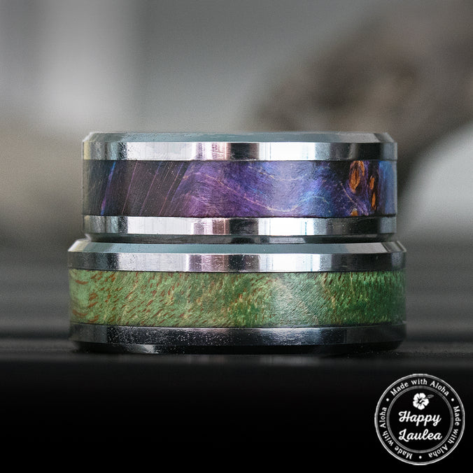 Tungsten Carbide Beveled Edge Ring Box Elder Wood Inlay - 8mm, Flat Shape, Comfort Fitment