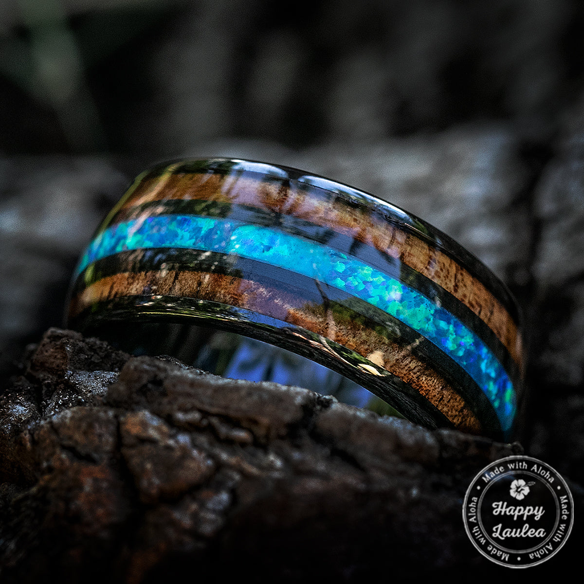 Black Ceramic 10mm Ring with Blue Opal & Hawaiian Koa Wood Tri Inlay - Dome Shape, Comfort Fitment