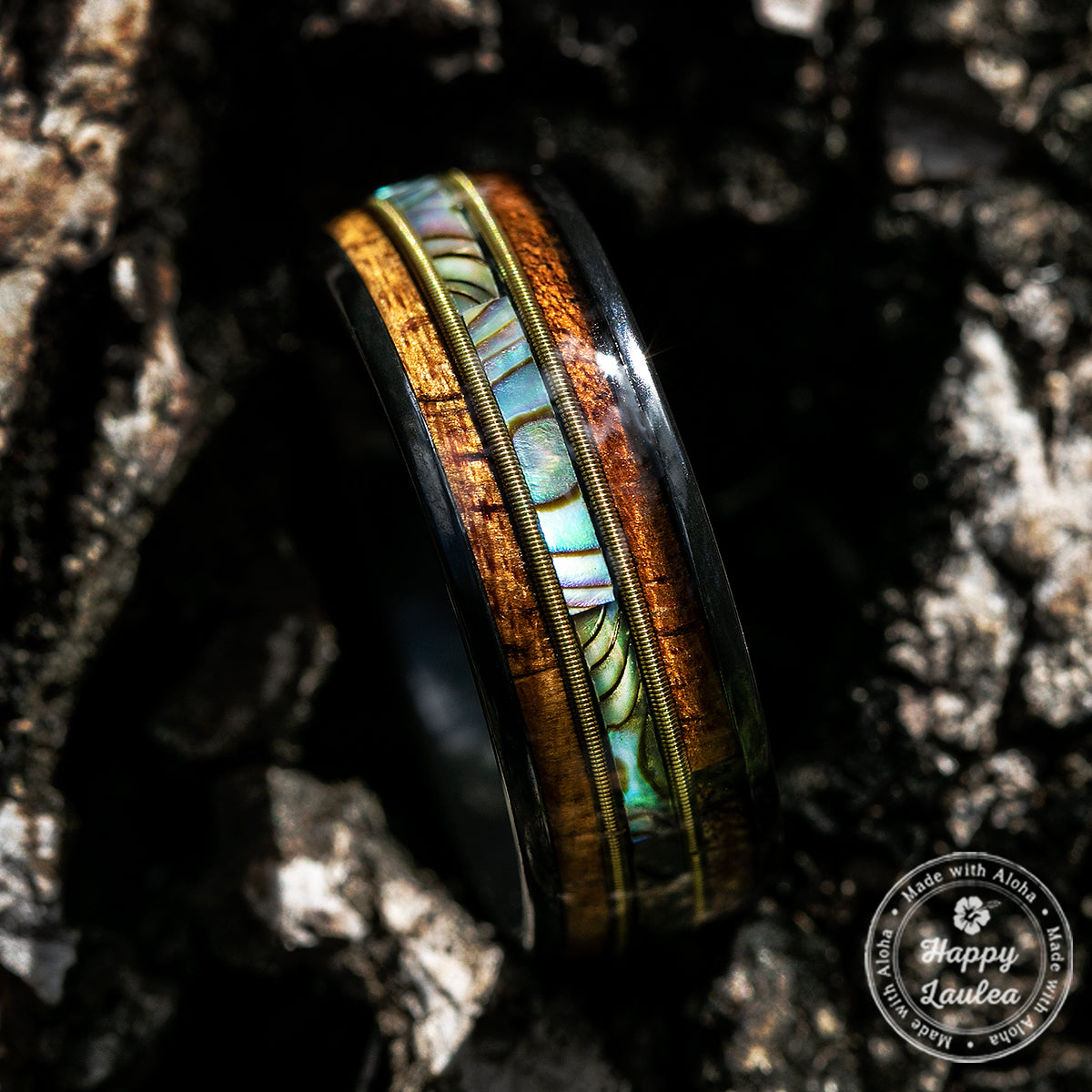 Black Zirconium Ring with Guitar String, Abalone Shell, & Koa Wood Tri-Inlay - 8mm, Dome Shape, Comfort Fitment