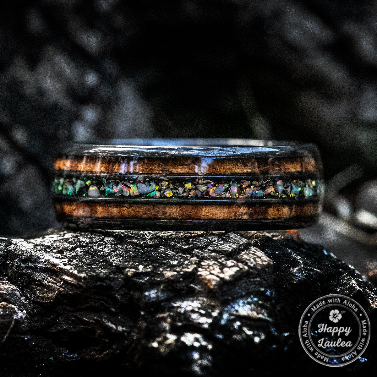 Black Zirconium Ring with Hawaiian Koa & Fire Opal Tri-Inlay - 8mm, Dome Shape, Comfort Fitment