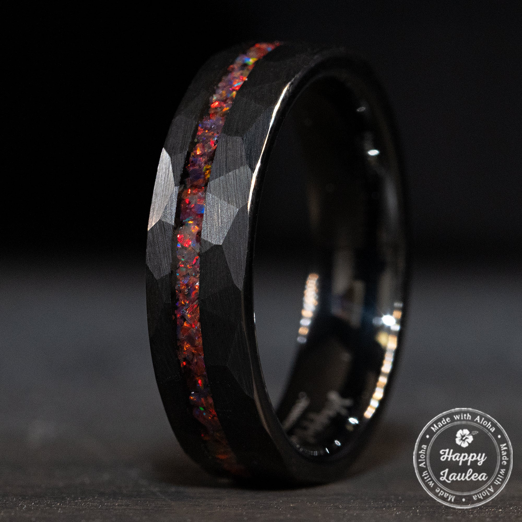 Black Tungsten Hammered Ring Offset Fire Opal Inlay [6mm Width] Flat Shape , Comfort Fitment