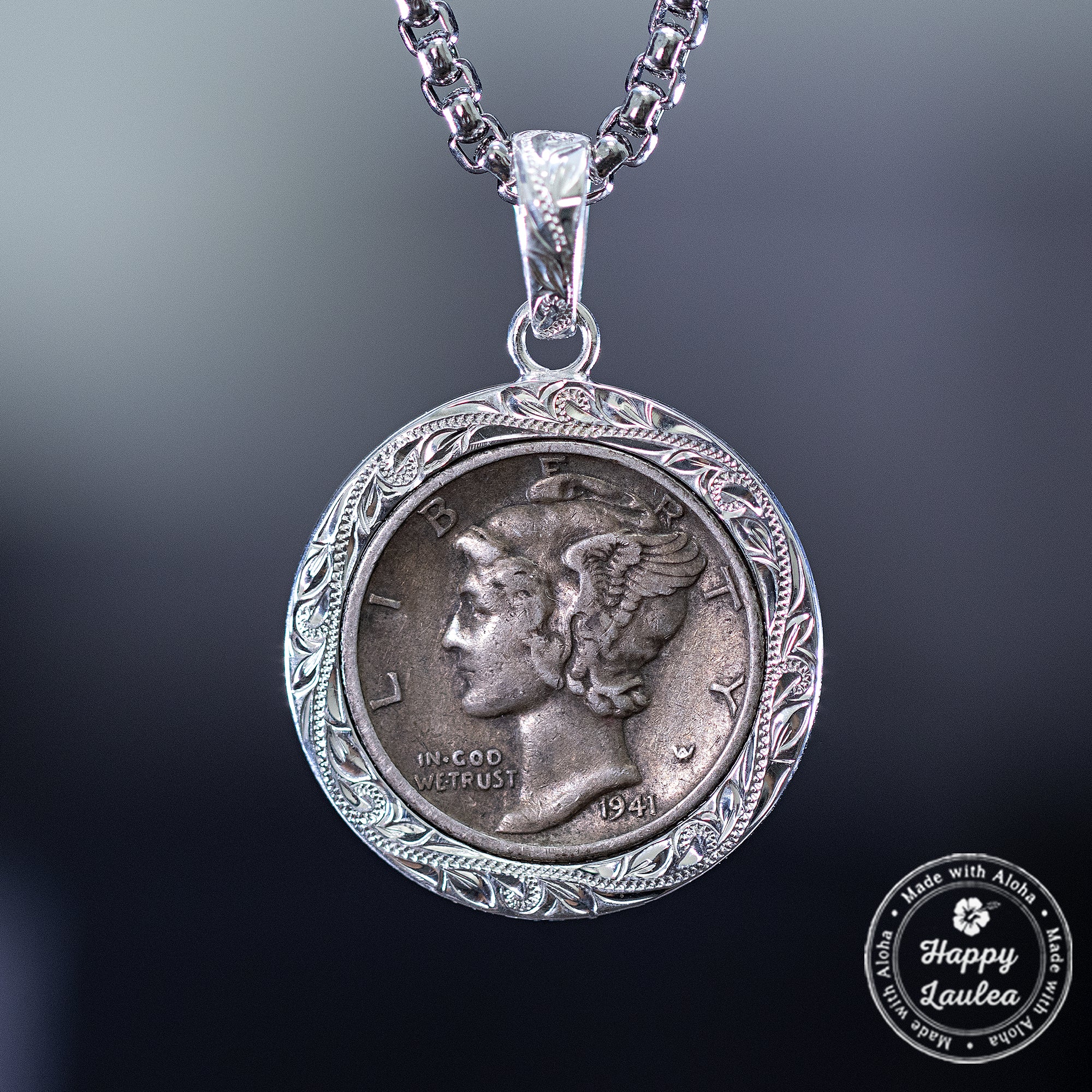 Sterling Silver [12mm] Mercury Dime Hawaiian Jewelry Pendant - Chain Included