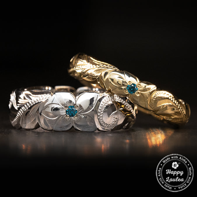 Solid Gold Hawaiian Jewelry Ring [4mm or 6mm] Blue Diamond Setting