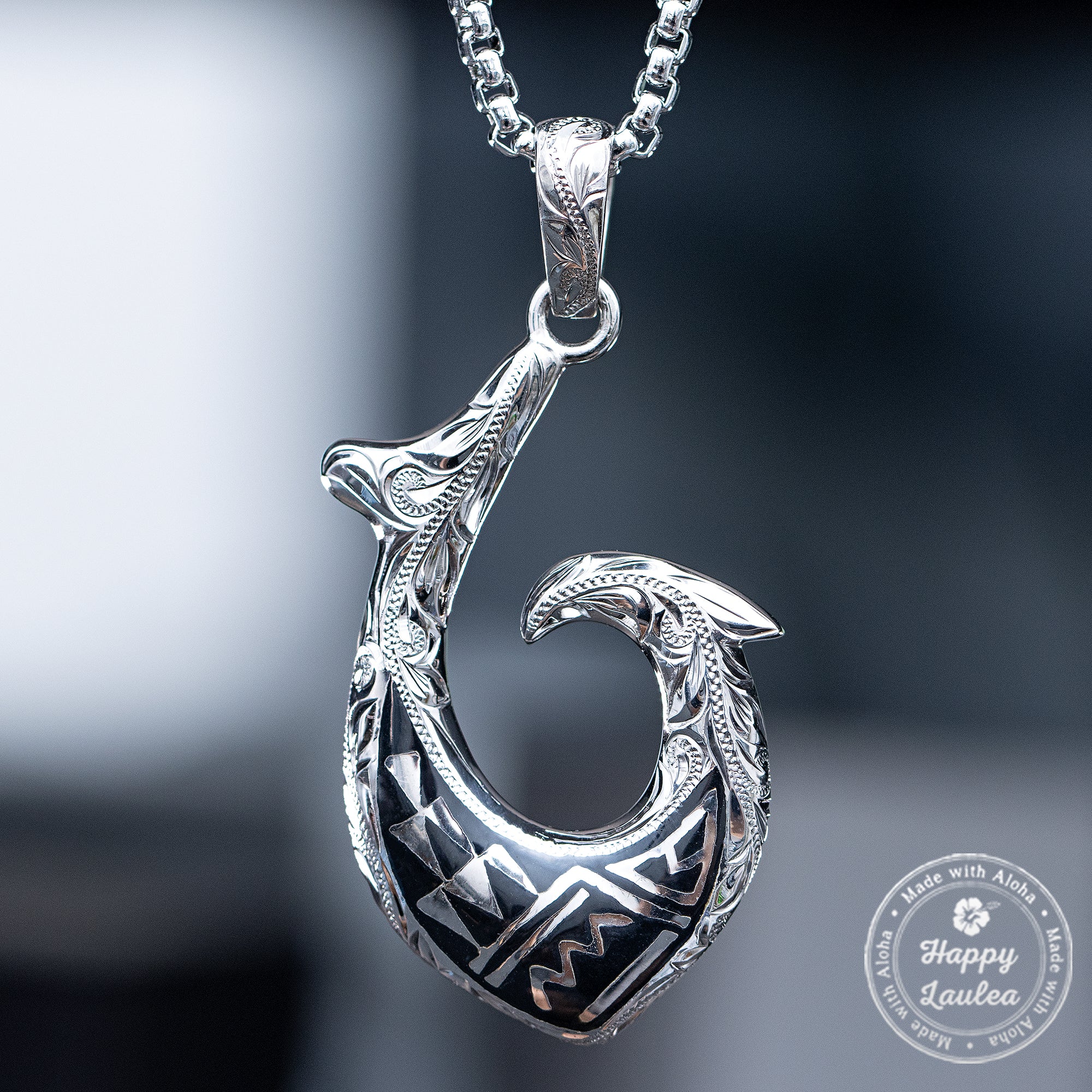Sterling Silver Hawaiian Tattoo Fish Hook Pendant [Chain Included]