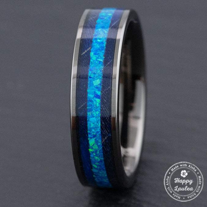 Gun Grey Tungsten Carbide Ring / Azure Blue Opal & Blue Box Elder Wood [6mm width] Flat Style, Comfort Fitment