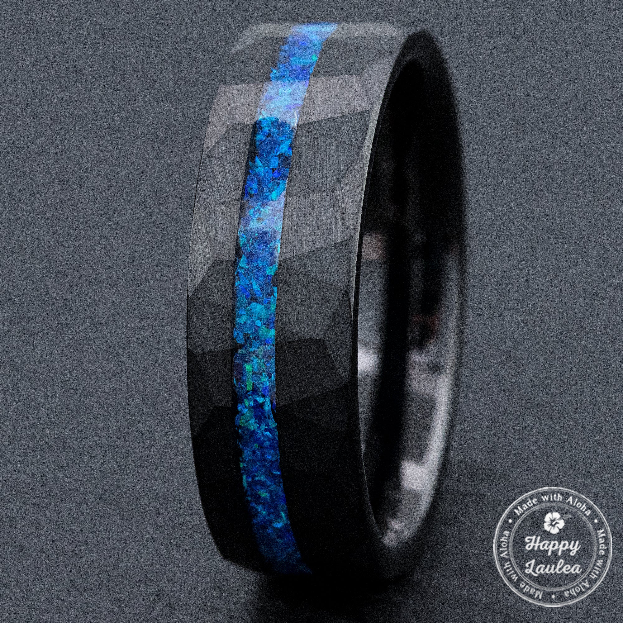 Black Tungsten Hammered Ring Offset Blue Opal Inlay [8mm Width]  Flat Shape, Comfort Fitment