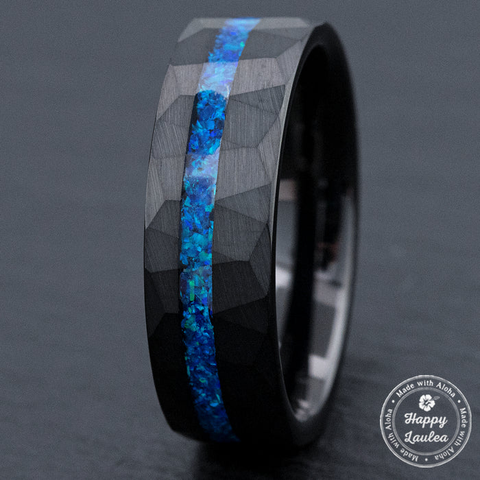 Black Tungsten Hammered Ring Offset Blue Opal Inlay [8mm Width]  Flat Shape, Comfort Fitment
