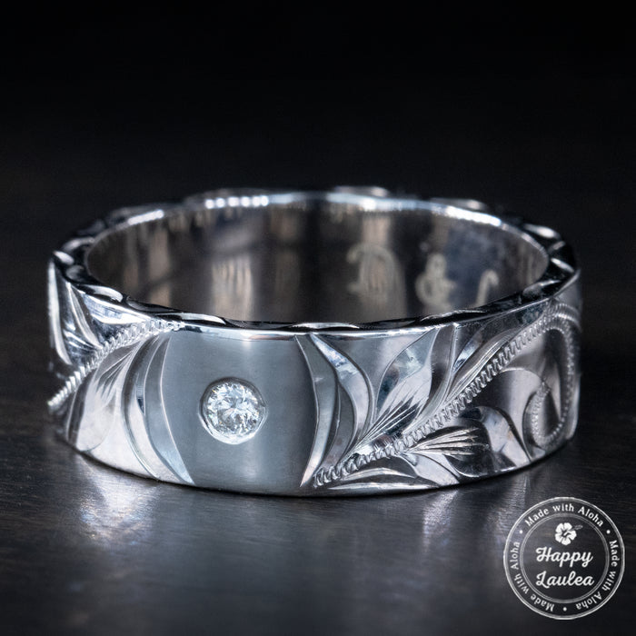 14k White Gold Hand Engraved Hawaiian Heritage Design Ring / 2.7 mm Round Diamond [8x2mm width] Flat Shape, Standard Fitment