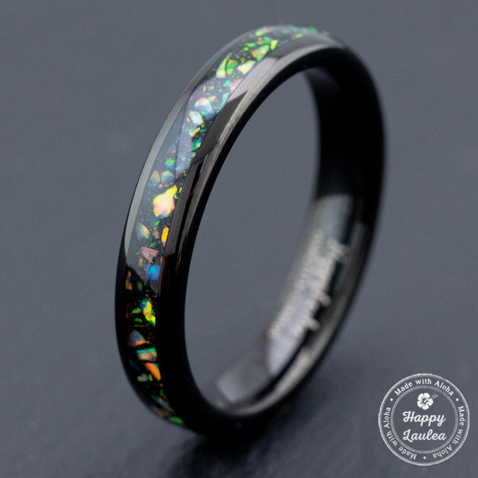 Black Tungsten Carbide Ring [4mm width] Midnight Fire Opal Inlay - Barrel Shape, Comfort Fitment