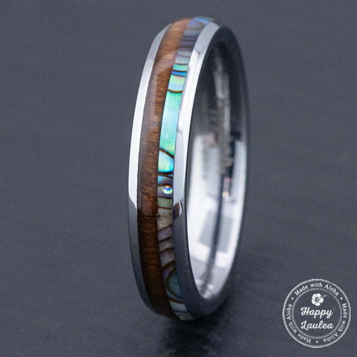 Tungsten Carbide Ring [4mm width] Abalone Shell & Koa Wood Duo Inlay - Barrel Shape, Comfort Fitment