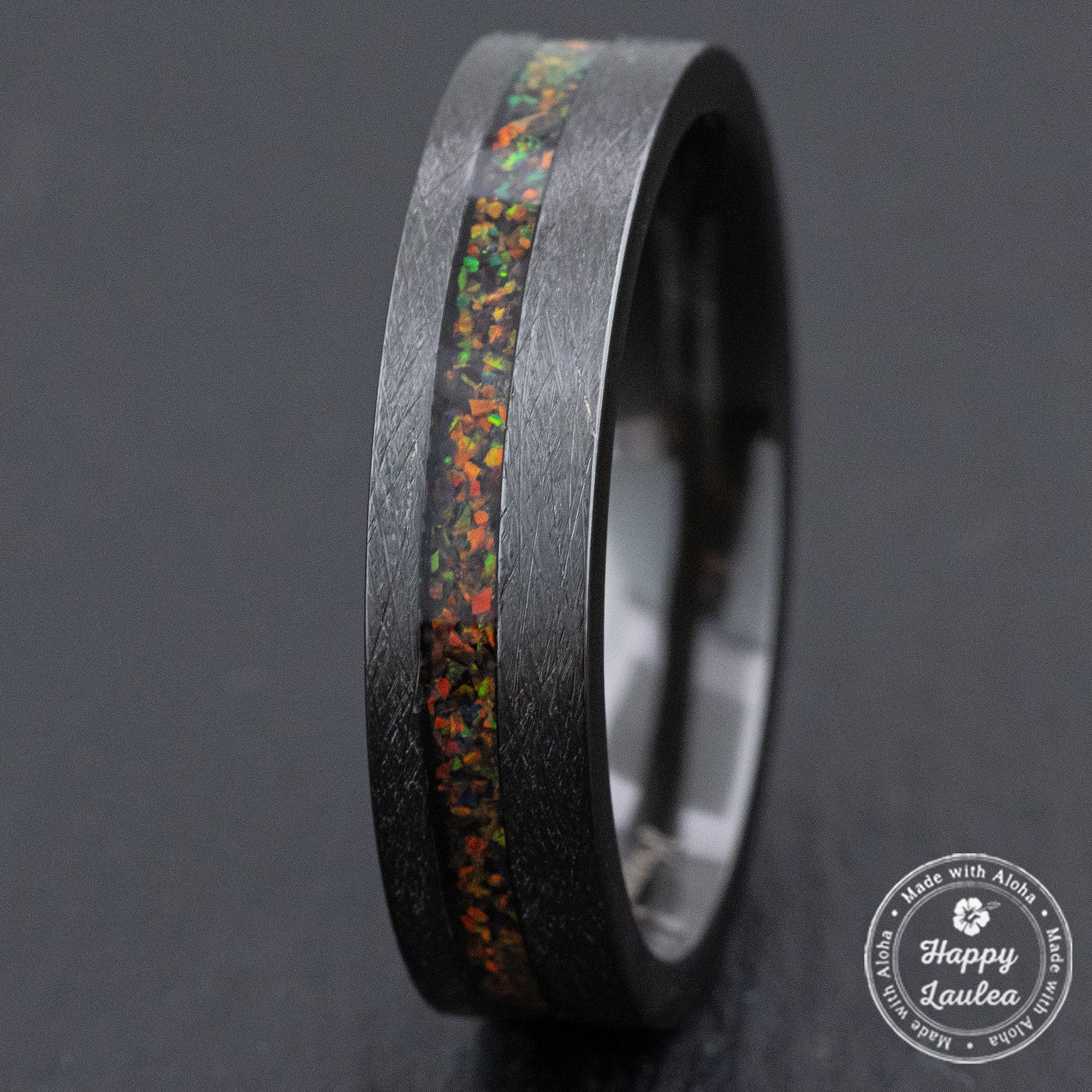 Zirconium Brushed Finished Ring [6mm width] Fire Opal Inlay - Flat Shape, Comfort Fit