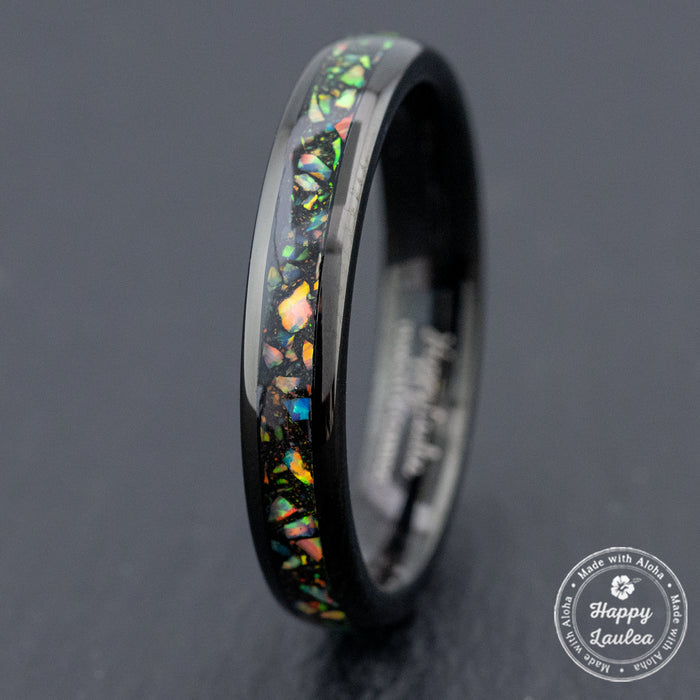 Black Tungsten Carbide Ring [4mm width] Midnight Fire Opal Inlay - Barrel Shape, Comfort Fitment