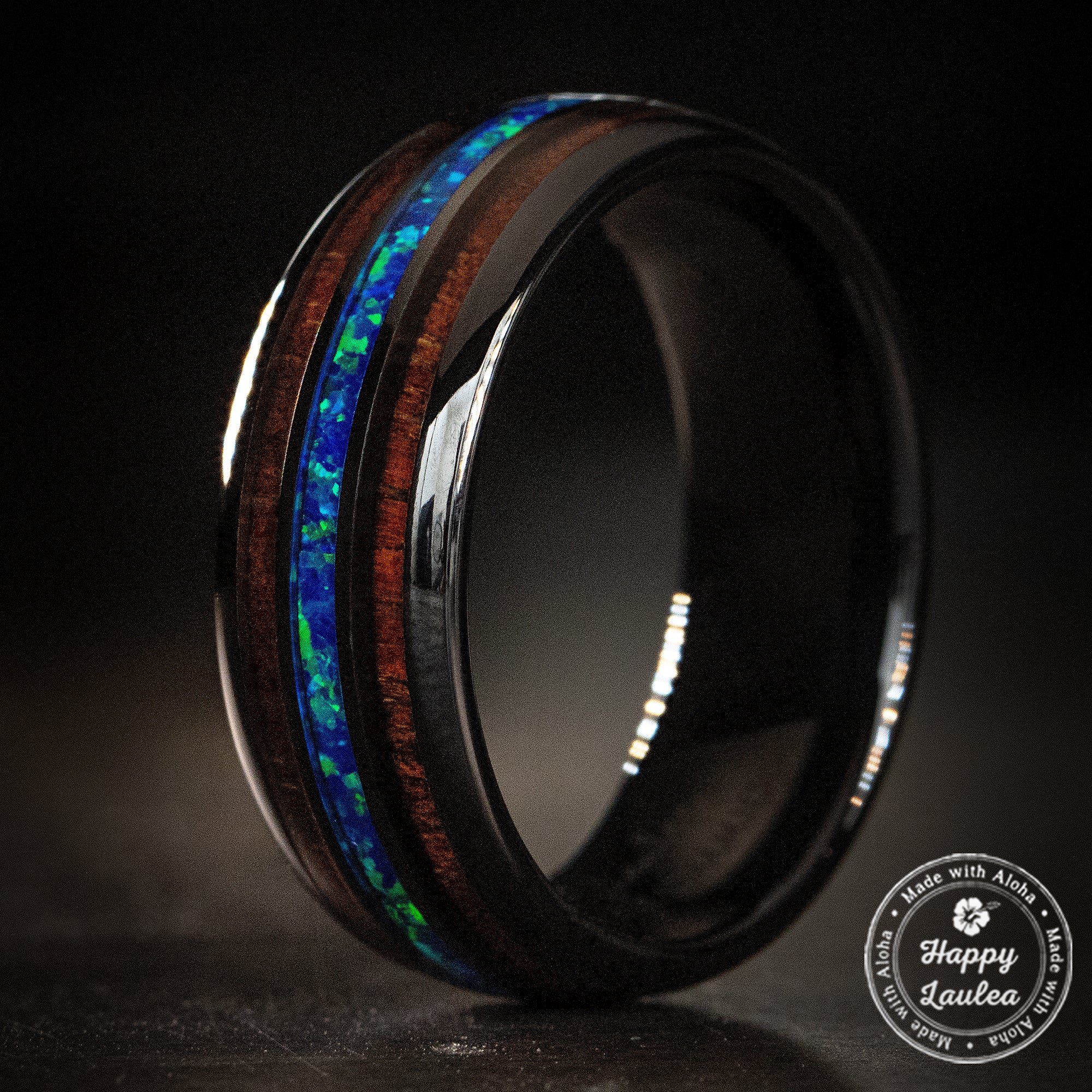 HI-TECH Black Ceramic Ring with Blue Opal & Hawaiian Koa Wood Tri Inlay - 8mm, Dome Shape, Comfort Fitment