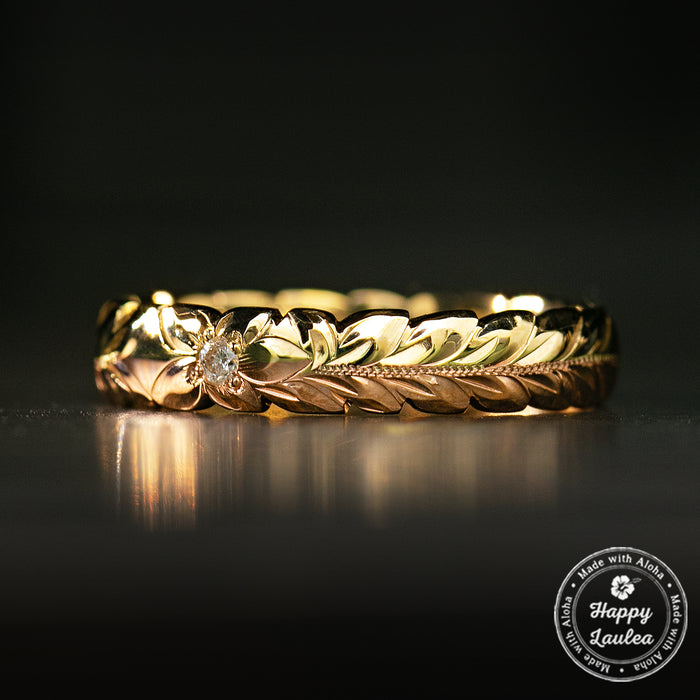 14K Solid Gold Two Color Maile Leaf Design Hawaiian Jewelry Ring with Diamond [ 4mm ] Barrel Shape with Cutout wave Edges